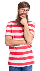 Handsome young red head man with long beard wearing casual clothes looking confident at the camera smiling with crossed arms and hand raised on chin. thinking positive.