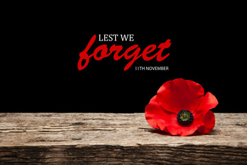 Poppy pin for Remembrance Day. Poppy flower on old beautiful high grain, detailed wood on black background with text.