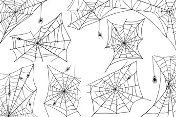 Set of various webs with spiders. Halloween decor. Vector graphics.