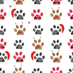 Paw prints with santa Claus, deer and red hat. Happy new year and Christmas design made of paw prints. Seamless fabric pattern - 539844756