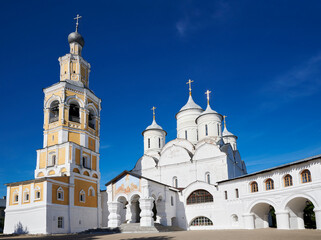 Fototapeta na wymiar Russia. City of Vologda. Spaso-Prilutsky Dimitriev Monastery. Spassky Cathedral and bell tower. View from the South