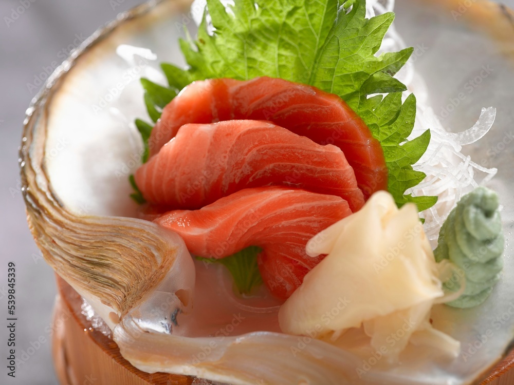 Poster raw fish sashimi platter with salmon and squid