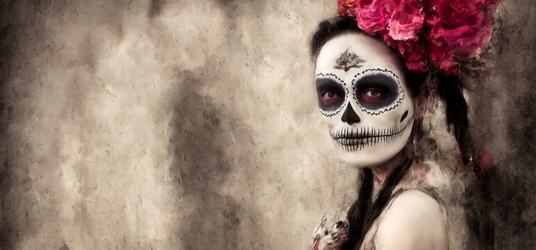 A Woman With A Skull Make Up And Flowers In Her Hair. Halloween party, traditional Mexican carnival, Santa Muerte. Day of the Dead Concept