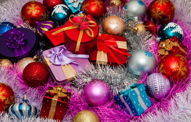 Colorful decorations and multicolored gifts for Christmas and New Year