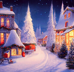 buiten kersttafereel. illustratie van een kersthuis met sneeuw, winterlandschap in een dorp.