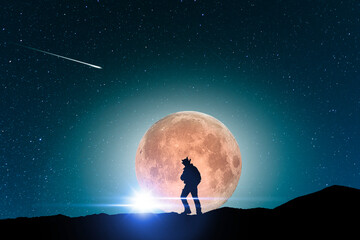 Fantasy night scene. Hiker silhouette stands on the hill on the full moon background.