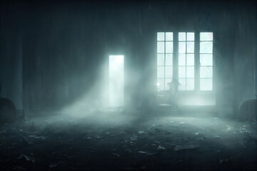 Empty room interior in haunted house at night, eerie dark atmosphere, moonlight and fog coming from broken window, generative AI illustration with copy space - obrazy, fototapety, plakaty