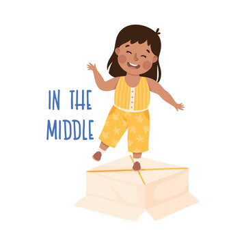 Little Girl Standing in the Middle of Cardboard Box as Preposition Demonstration Vector Illustration