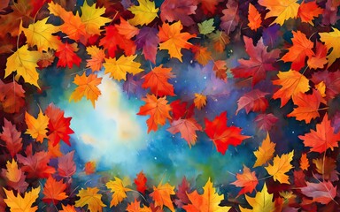 Autumn leaves watercolor background art with reflected sky