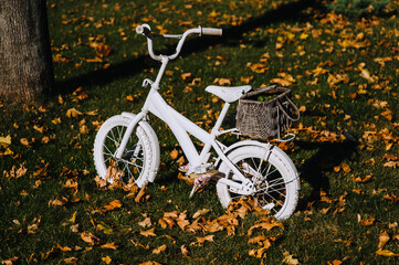 A beautiful children's white bicycle with a basket and sandals on the pedals stands in the autumn...