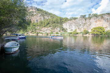 The rock-cut temple tombs of the ancient city of Kaunos in Dalyan, Muğla, Turkey. Beautiful view...