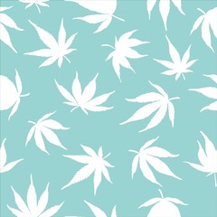 Fototapeta na wymiar Seamless pattern of cannabis leaves on a blue background. White hemp leaves on a blue background. 