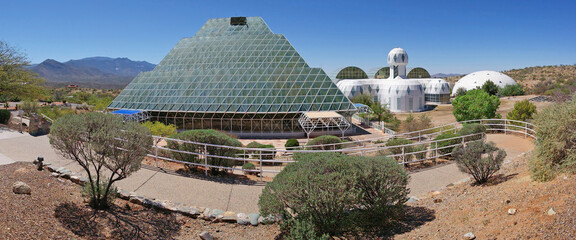 A panoramic view of Biosphere 2 - It is located north of Tucson, Arizona at the base of the...