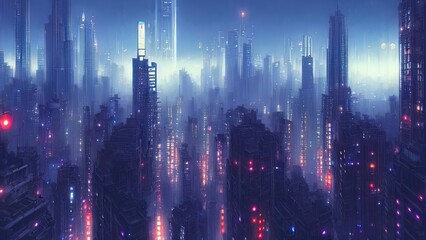 Cityscape of asian cyberpunk city at night. Neon, skyscrapers, fantasy cyber city. 3D illustration