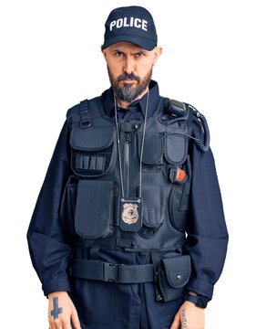 Young handsome man wearing police uniform depressed and worry for distress, crying angry and afraid. sad expression.