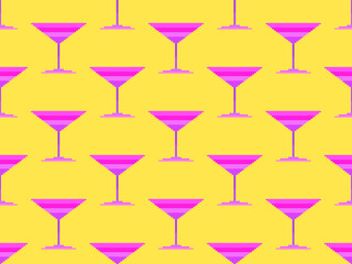 Pixel cocktail glasses in the style of the 80s. Seamless pattern with martini glasses in pixel art style. 8-bit retro graphics. Design for printing, wrapping and advertising. Vector illustration