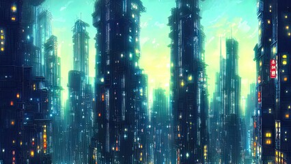 Cityscape of asian cyberpunk city at night. Neon, skyscrapers, fantasy cyber city. 3D illustration