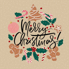 Merry Christmas square shape greeting card. Vector beige color holiday design.