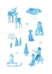 Monochrome Winter Watercolor Clipart with people, deer, house, snowflakes, dog, kids, trees, sled, traces for Christmas, New year post card, posters, invitation, announcments