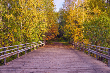 Wooden bridge over a mountain river in the autumn forest.