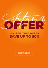 Autumn Offer vertical banner design with shop now button and text block. Template for fall season shopping promotion. Vector illustration.