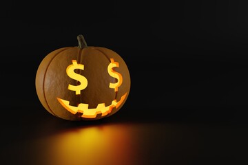 Orange pumpkin for Halloween with a scary smile and glowing eyes in the shape of a dollar sign on a dark, trick or treat theme with a place for text, 3d rendering