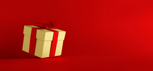 Gold gift box on red background. 3D Rendering.