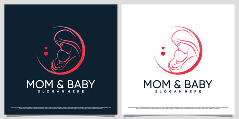 Mother and baby logo design template with line art style and creative element concept