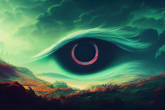 Big Eye In The Sky, God Eye Looking Down On You, Huge Green Eye In The Clouds, Digital Art Painting