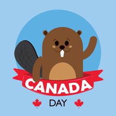 Happy canada day poster Cute beaver character Vector