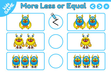 Mathematics educational game for children. Count and choose less, more or equal. Learning counting, addition worksheet for kids. Vector illustration of cartoon monsters.