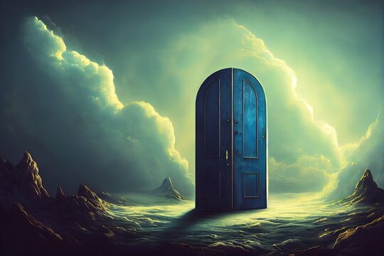 An Old Blue Door Leading To Paradise Through The Clouds. Digital Art Style Painting