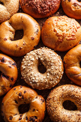 Overhead view of a variety of freshly baked bagels