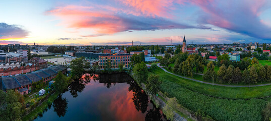 View at Pabianice city from a drone at sunset
