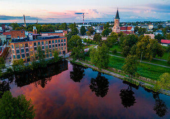 View at Pabianice city from a drone at sunset