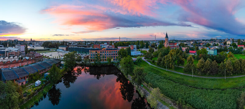 View at Pabianice city from a drone at sunset