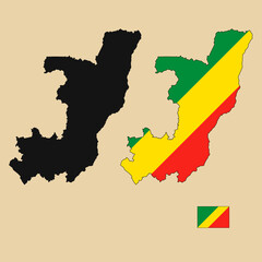 Vector of Republic of the Congo country outline map with flag set isolated on plain background. Silhouette of country map can be used for template, report, and infographic.