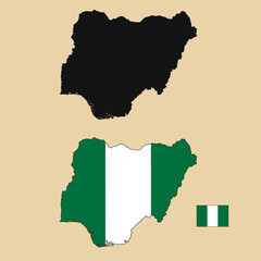 Vector of Nigeria country outline map with flag set isolated on plain background. Silhouette of country map can be used for template, report, and infographic.