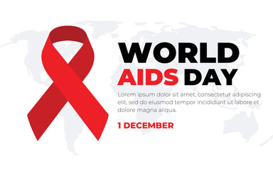 Vector illustration of hiv, World AIDS Day template for you design. Red ribbons on the map of world emblem.