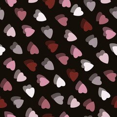 Simple colorful hearts seamless pattern chaotic on black background made of tiny heart silhouettes of overlapping layering effect.For Valentines,mothers day,Easter,wedding,gift wrapping paper,textiles
