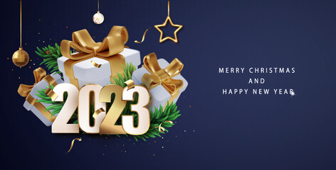 Fototapeta premium 2023 Happy New Year banner with realistic gift box composicion. Holiday greeting card design. Festive premium concept template for holiday