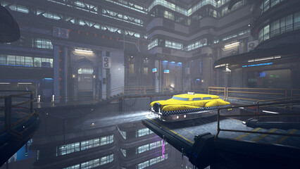 Futuristic cyberpunk yellow flying taxi cab waiting for passngers in a dystopian city on a foggy night. 3D rendering. © IG Digital Arts