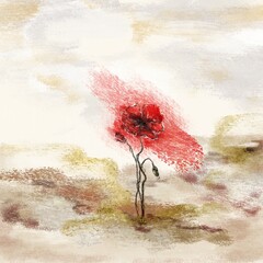 Abstract acrylic art with poppy on the field, smeared with red paint. The concept of sadness, nostalgia, memories. Gentle earth colors. Bohemian printable wall art print