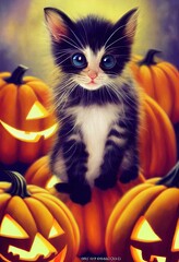 Cute cat, kitten or kitty on top of Halloween pumpkins, black and white fur, 3D rendered and generated by computer