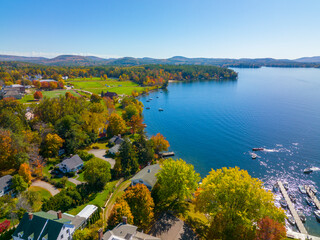 Wolfeboro historic town center at Lake Winnipesaukee aerial view in fall on Main Street, town of Wolfeboro, New Hampshire NH, USA. 