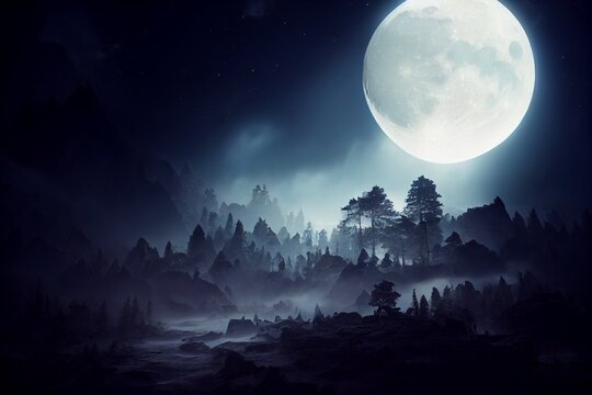 dark forest, full moon, fog and mountains © R. Palacios