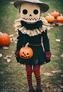 Kid dressed as a scarecrow with a paper pumpkin mask, Halloween themed, 3D rendered, generated by computer