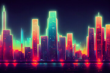 Plakat Futuristic city. Concept Art. Cityscape at night with bright neon lights. 3D illustration.