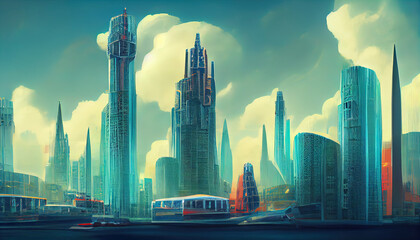 Futuristic city. Concept Art. Cityscape with bright neon lights. 3D illustration.