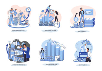 Capital gain, portfolio income, investment income. Investments and bonds, cash flow money slot, mutual fund, finance abstract metaphor. Money investing financiers analyzing stock market profit dollars